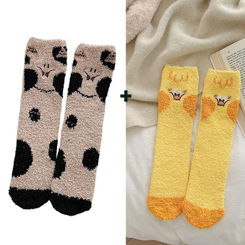 

2 пары/лот женские зимние теплые пушистые носки для сна дома милые кавайные толстые флисовые носки с изображением животных One size
