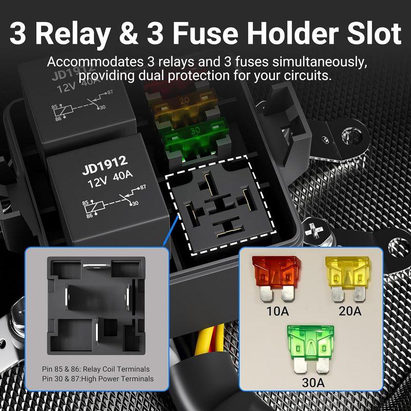 3 Way 12V Waterproof Relay Box Pre-Wired Fuse and Relay Box 3x4 Pin 40A Relay and 3 ATC/ATO Blade Fuse for Automotive Cars Truck