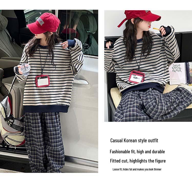 Girls' Plaid Fleece Sweatshirt & Wide-Leg Pants Set - Autumn/Winter Fashion