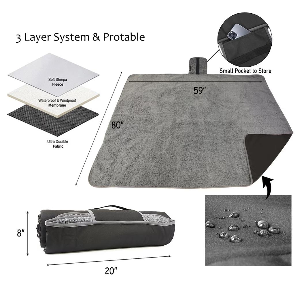 FlyingStar Waterproof Outdoor Blanket with Sherpa Lining, Windproof Triple Layers Warm Comfy Foldable , 59''X 80''