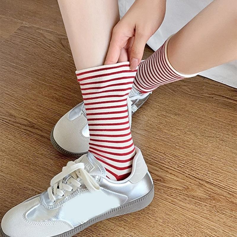 Womens Japanese Korean Cotton Middle Calf Socks Elegant College Style Casual Multicolored Striped Crew Socks Streetwear