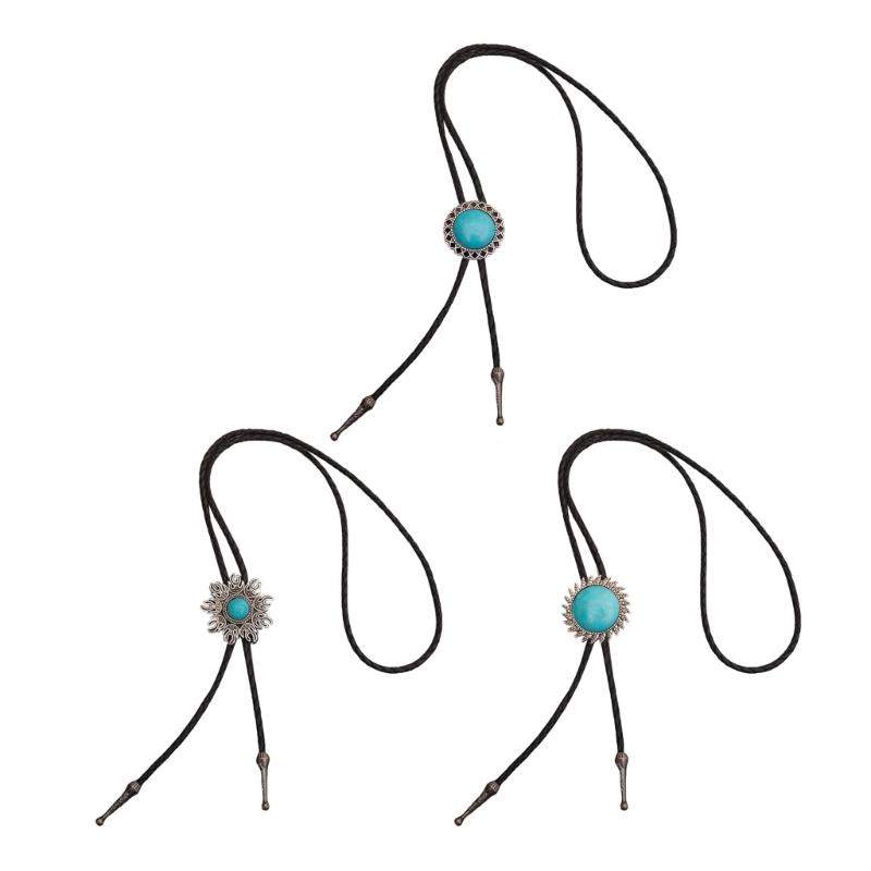 Bolo Tie for Women Men Western Bolo Tie Vintage Metal Flower Trim Stone Pendant Faux Leather Rope Necktie Tie Necklace