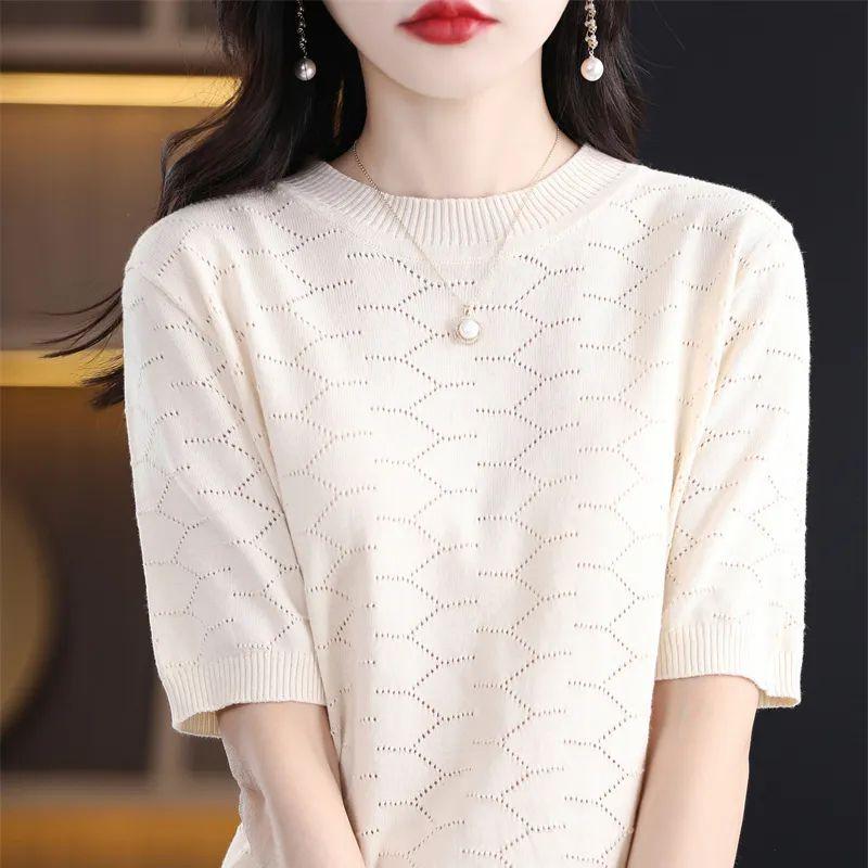 Summer Women's Knitted T-shirt Hollow Round Neck Solid Color Jacquard Korean Version Loose T-shirt Top