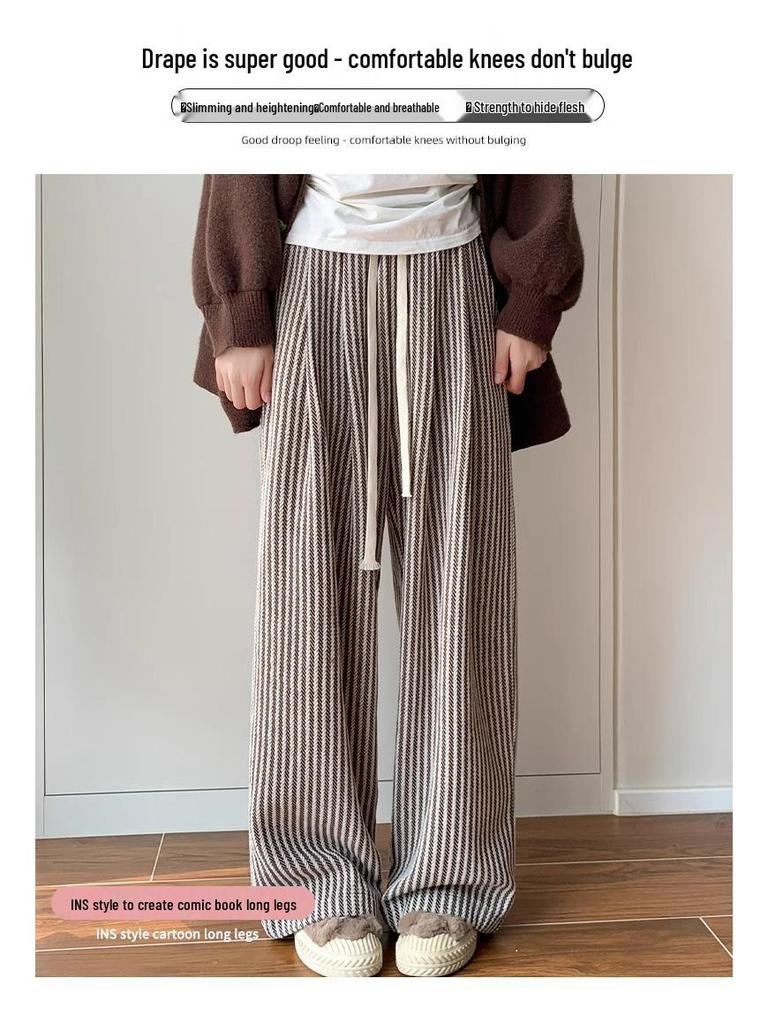 Korean Style 2025 High Waist Retro Pinstripe Wool Pants: Women’s Slimming Wide-Leg, Floor-Length for Spring, Autumn, Winter.