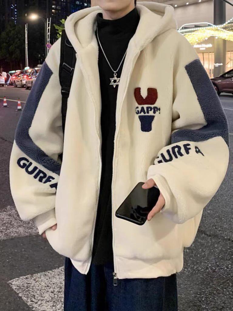 Men's Youth Lamb Plush Jacket - Warm, Thick, Hooded Cotton Coat for Teens and Students.