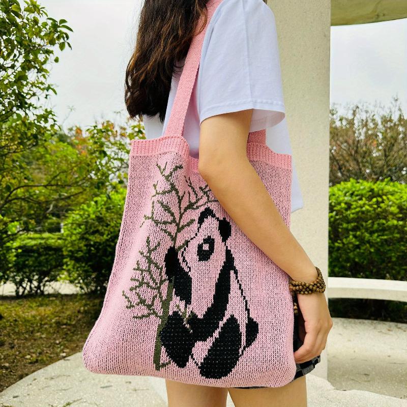 

Сумка-тоут с рисунком панды, универсальная вязаная сумка, плетеная пляжная сумка, уличная трендовая сумка через плечо с вырезом розовый