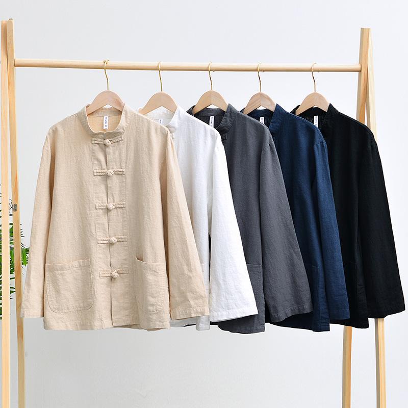 Camicia in Ramia Stile Cinese con Bottoni a Disco Manica Lunga Cotone e Lino da Uomo di Mezza Età Casual Ampia Traspirante Collo Rialzato Camicia Retro in Lino