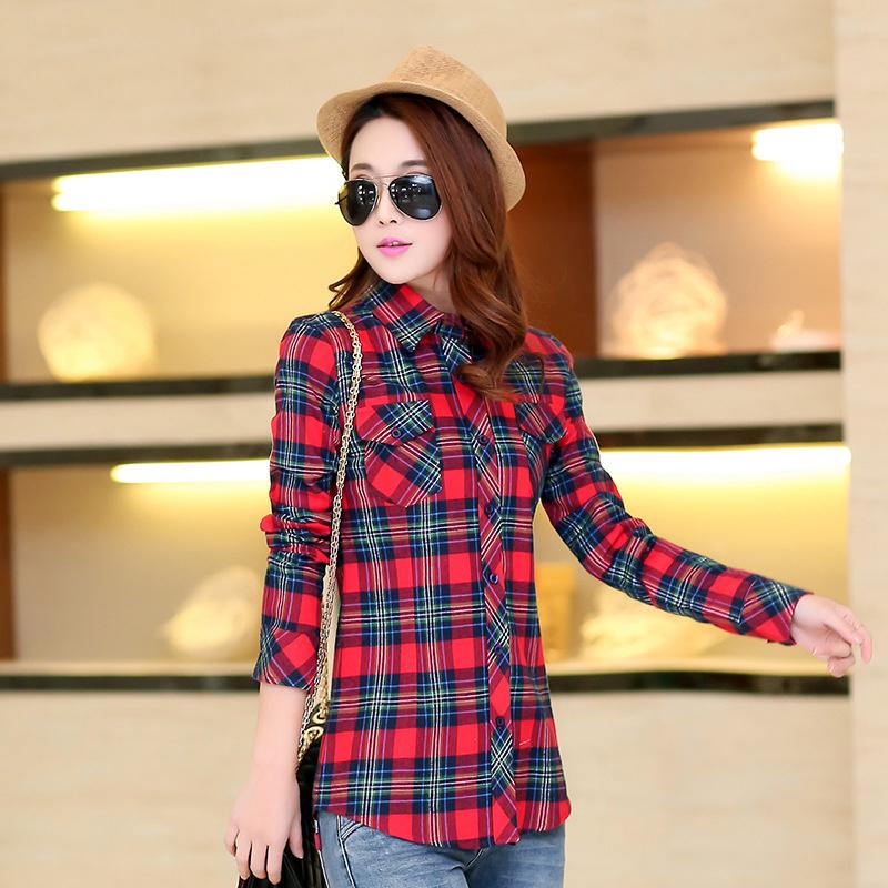 New Cotton Women's Shirts Grid Plus Size M-5XL Blouse Shirt Casual Long Sleeve Checkered Shirt  Turn-down Collar Streetwear