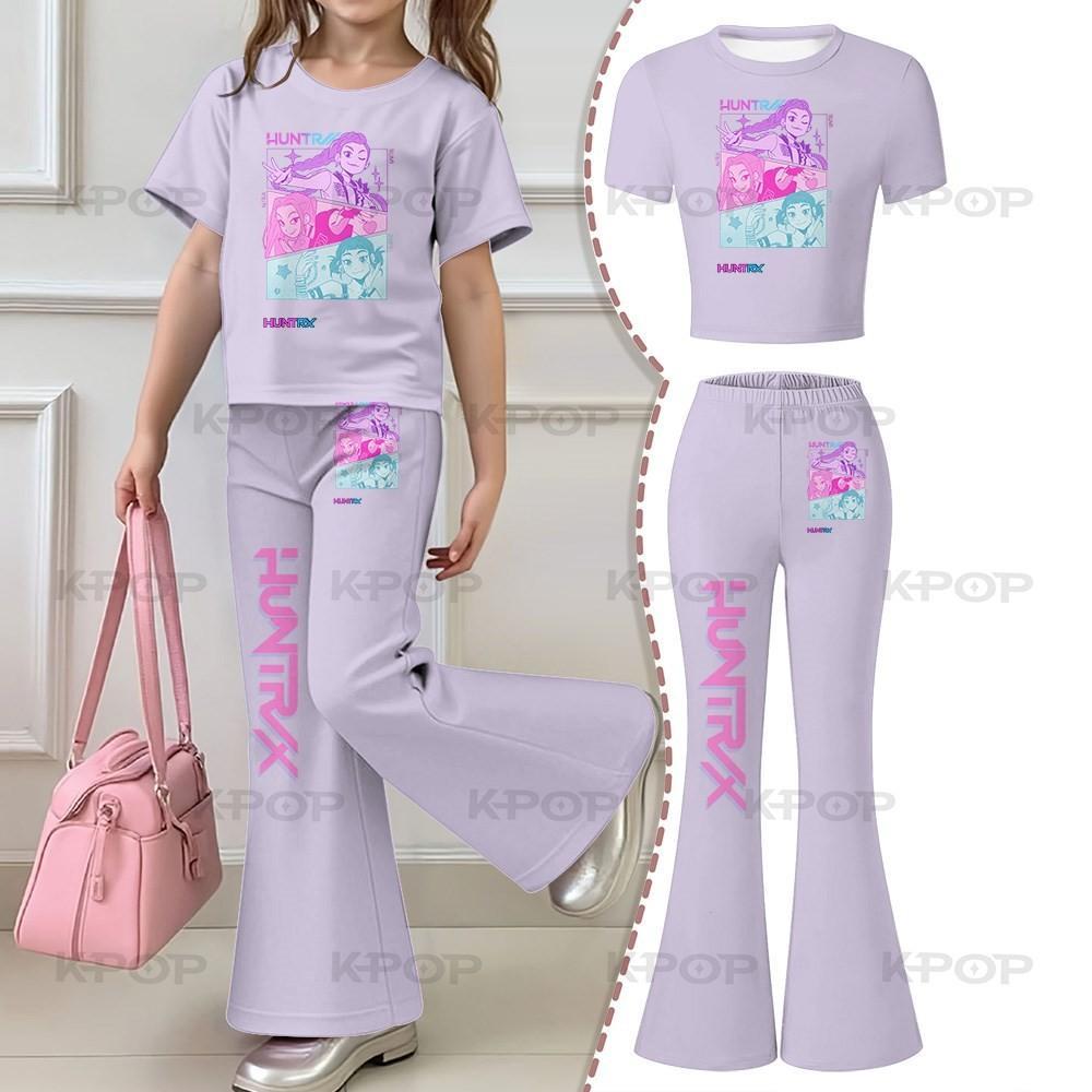 2026 Children's Kpop Hunter Short Sleeve Set Girls' New Style, Regular Short Sleeve Top and Bell Bottom Pants Two Piece Set