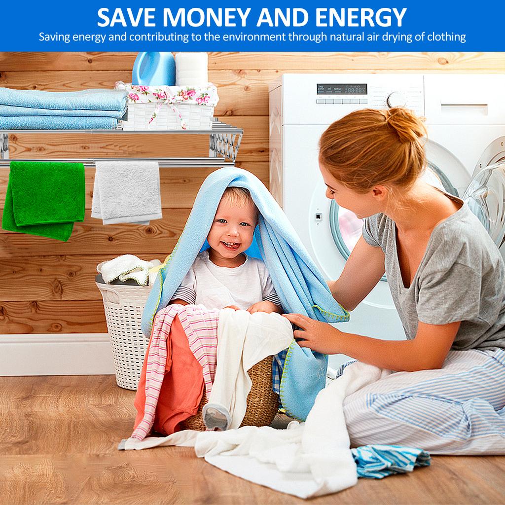 Suport de uscare pentru haine din oțel inoxidabil Suport de uscare retractabil pentru acordeon, montat pe perete, cu 7 tije de uscare pentru spălătorie/baie