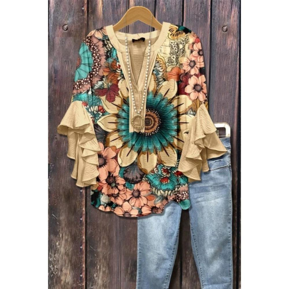 Large Women's Bohemian V-neck Shirt with Ruffle Sleeves, Grey Brown Floral Print Top, Casual Breathable Machine Washable Pullover