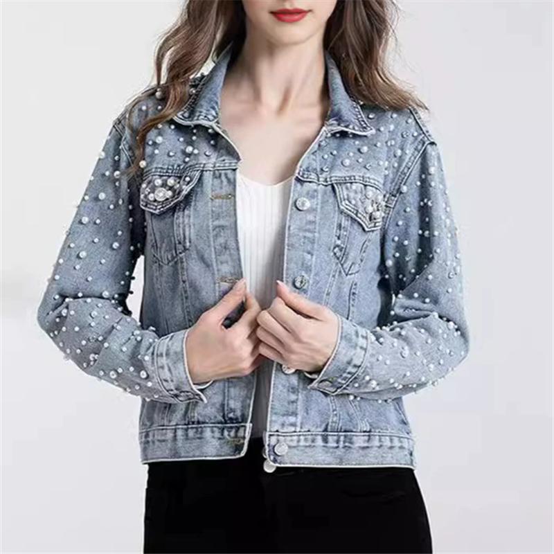 Women Denim Coat Jacket Diamonds Pearls Turn Down Collar Single Breasted Pockets Washed Vintage Streetwear Autumn Outerwear