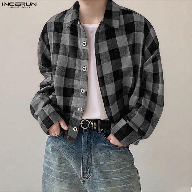 INCERUN S-XXXXXL Men Turn Down Collar Long Sleeve Plaid Loose Casual Shirts