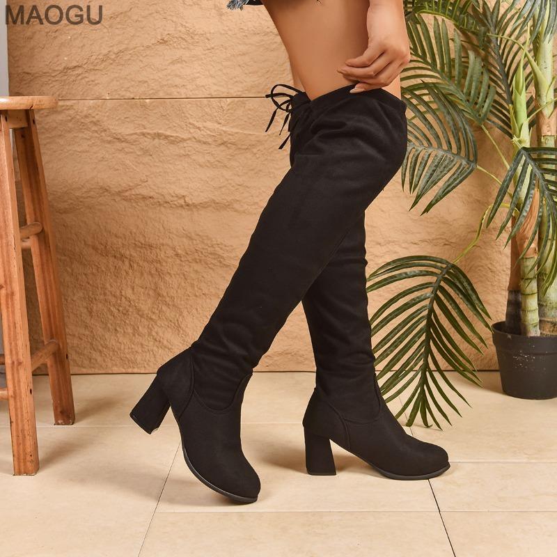 Taglie Grandi 35-43 Stivali da Donna Sopra il Ginocchio Tacco Chunky Nero Allacciatura Posteriore Stivali Elasticizzati Alti sulla Coscia 2026 Autunno Inverno Stivali Lunghi