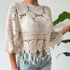 Cover Up Tops Loose Fit Round Neck Three-Quarter Sleeve Crochet Hollow Fabric Beach Cover Up Bohemian Tassel Hem Shirt