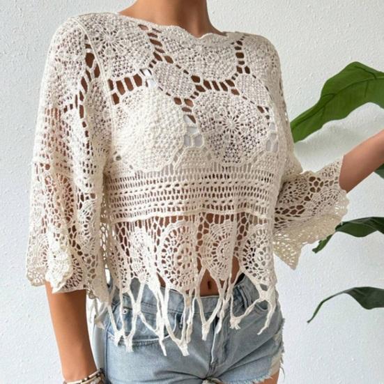 Cover Up Tops Loose Fit Round Neck Three-Quarter Sleeve Crochet Hollow Fabric Beach Cover Up Bohemian Tassel Hem Shirt