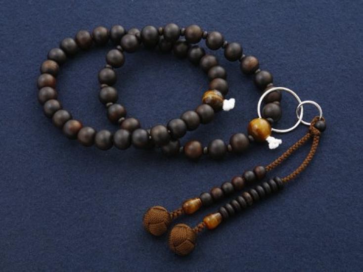 Kyoto Butsudan Hayashi Buddhist Prayer Beads, Jodo Sect, Ebony (Unpolished) with Tiger Eye Stone (4-Piece Set) (Men's), Formal, Authentic [Tiger Eye]