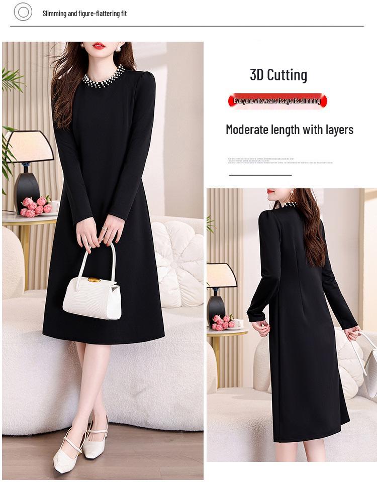 Hepburn Style Women's Elegant Black Midi Dress - Versatile Long Sleeve for Spring/Autumn 2026
