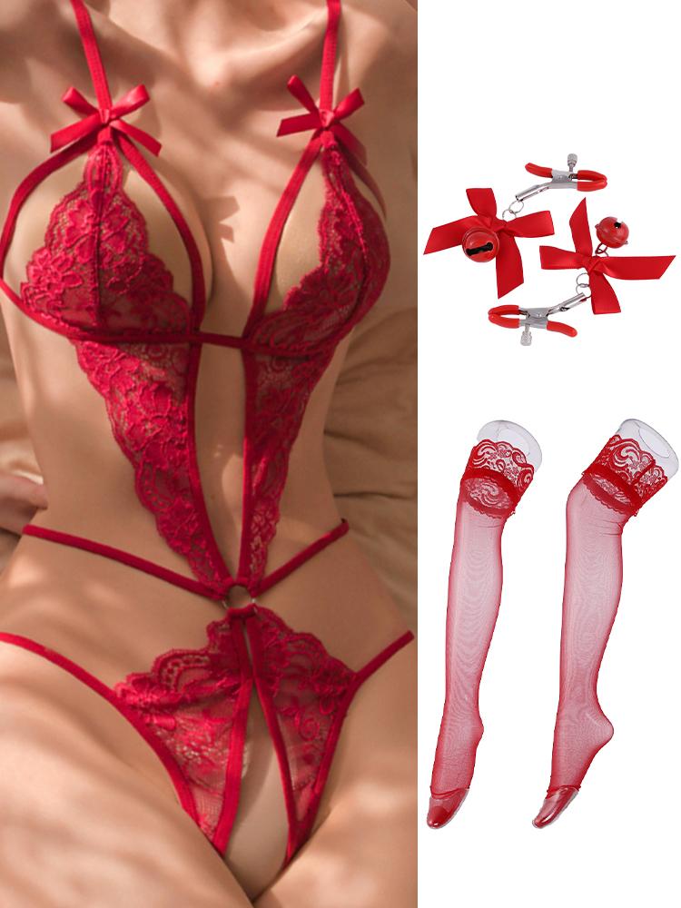 Crotchless Sexy Lingerie For Women Exposed Naughty Underwear Strap Bandage Belt Bodysuit Red Floral Backless Hollow Chest Plus