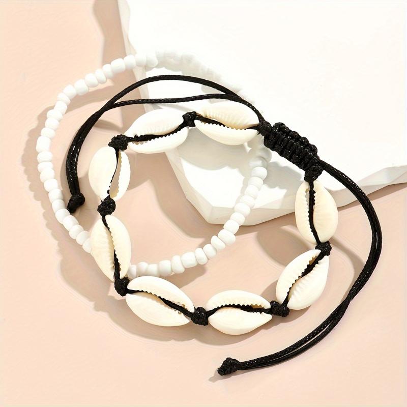 2PCS Summer Beach Anklet Handwoven Adjustable Shell Glass Bead Jewelry For Men Women Stackable Bohemian Vacation Accessories