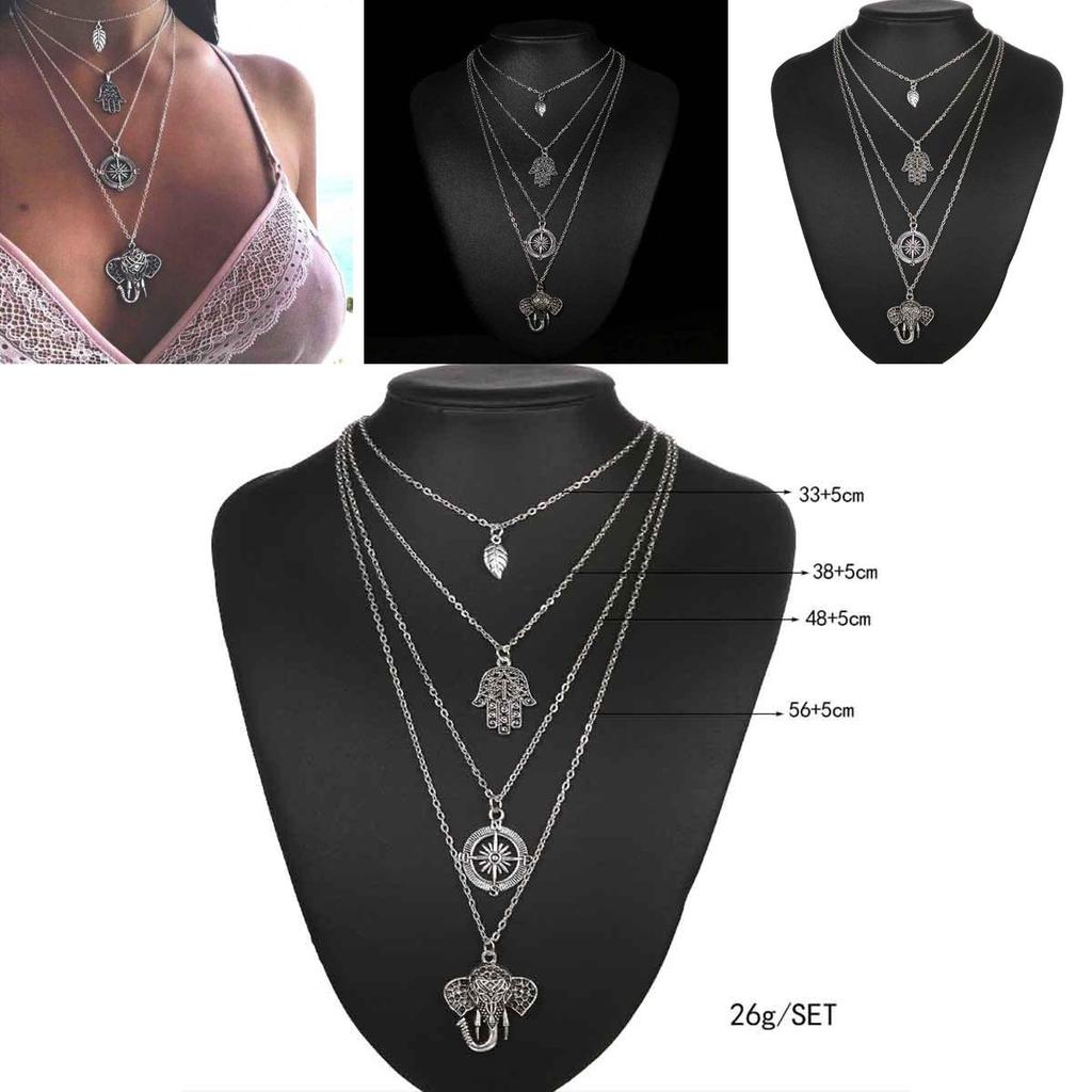 Fashion Punk Boho Retro Alloy Palm Sun Multilayer Necklace With Leaf And Elephant Pendant