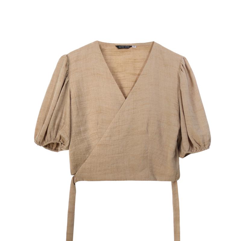 French Puff Sleeve Tie-Up Shirt - Women's V-Neck Summer Design, No Returns