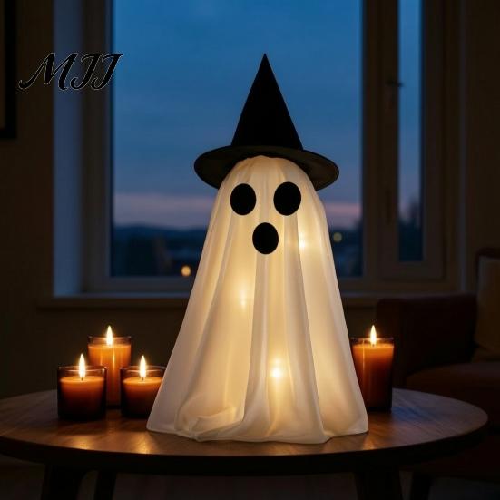 Tabletop Haunted House Supplies 2Pcs Halloween Decoration, Light-Up Ghost with Witch Hats, Spooky Interior Lighting Decor Figurine,