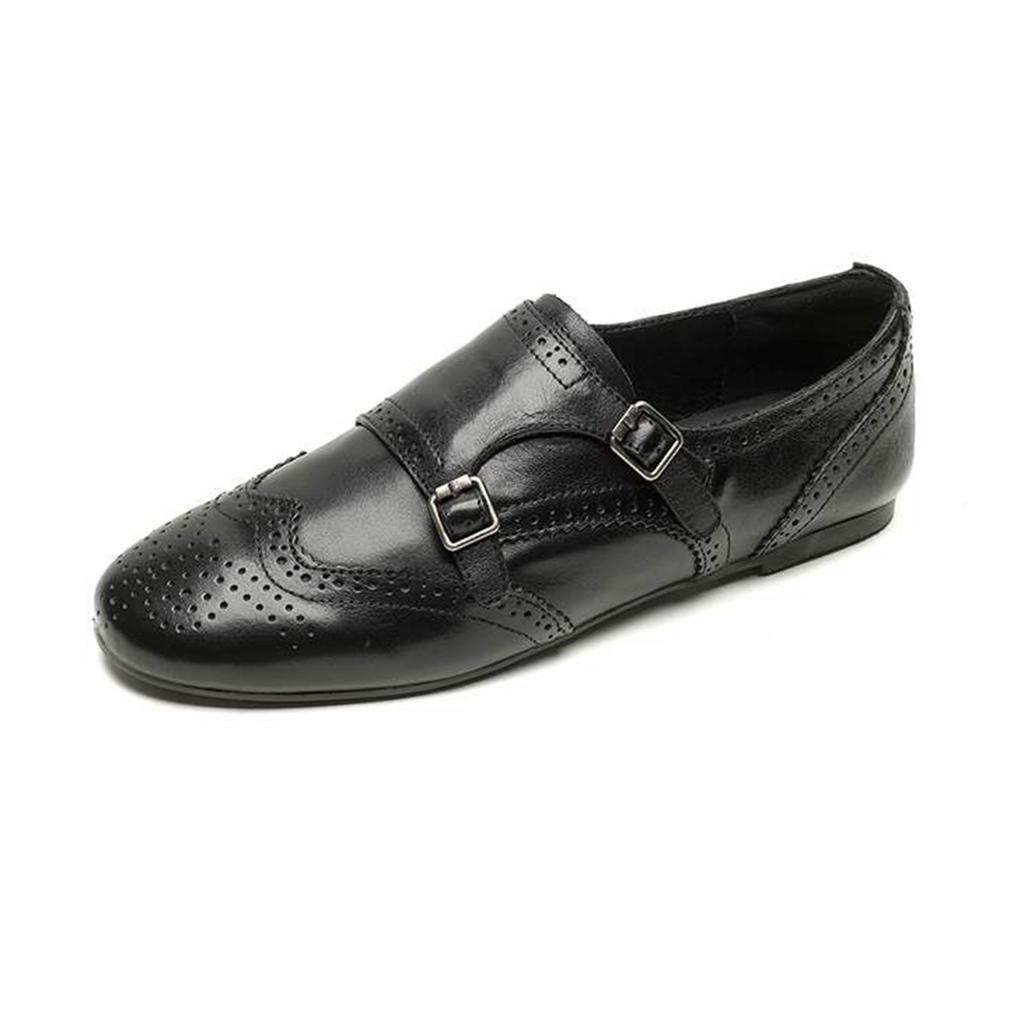 Krazing Pot Cow Skin Fashion Spring Autumn Low Heels metal buckle Oxford Shoes Women Round Toe Leisure Brogues flats