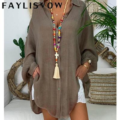 5XL Плюс Размер Топы Хлопок Льняная рубашка Женщины с длинным рукавом Белая туника Кардиган Повседневная свободная пуговица Отворачивающийся воротник Блузки Рубашки Рубашки