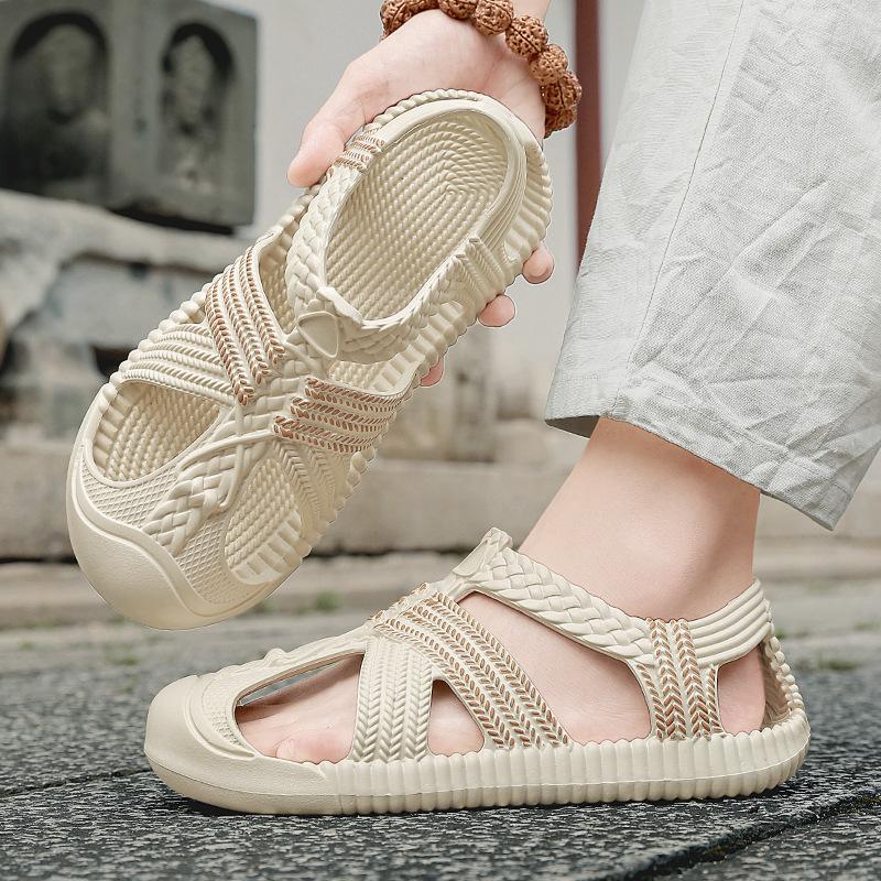 

Летняя мода пляжная обувь повседневная дышащая мягкая подошва крутые тапочки ретро персонализированная верхняя одежда дорожная сумка голова удобные сандалии 45 бежевый