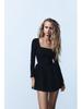 2024 Women's European & American Style Black Balloon Silhouette Square Neck Long Sleeve Short Dress
