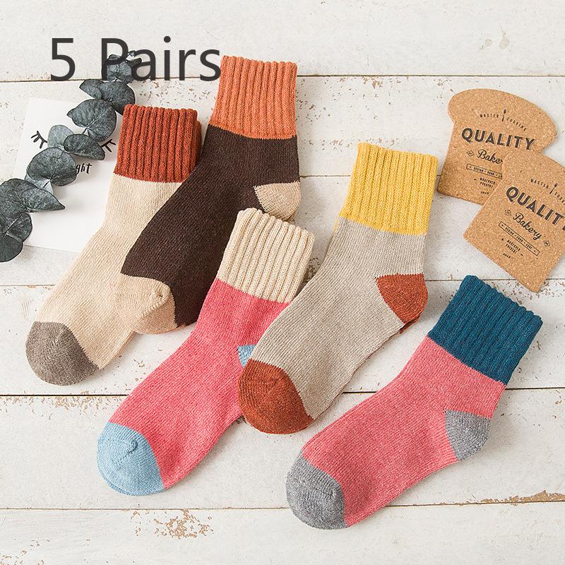 

5 пар шерстяных носков для женщин на зиму, утолщенные и теплые носки до середины икры, осенне-зимний стиль с флисовыми носками-петлями, школьный стиль 5 pairs
