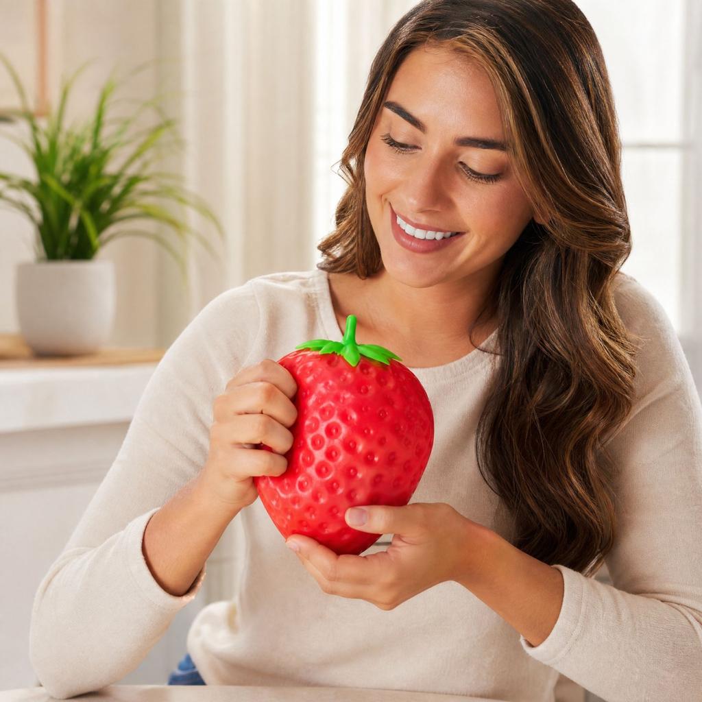 Strawberry Shaped Squeaky Toy with Building Block Filling for Sensory Play and Stress