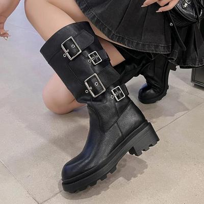 Retro Round Head Versatile Thick-soled Knight Boots Femininity Maillard Belt Buckle Heightened Thick Heel Big Tube Circumference Boots