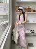 Three standards~ summer new Spice Girl splicing printing lace mesh lace suspender strap dress women's long dress