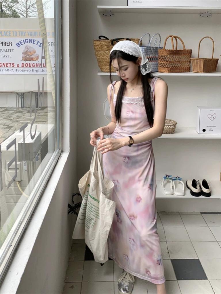 Three standards~ summer new Spice Girl splicing printing lace mesh lace suspender strap dress women's long dress