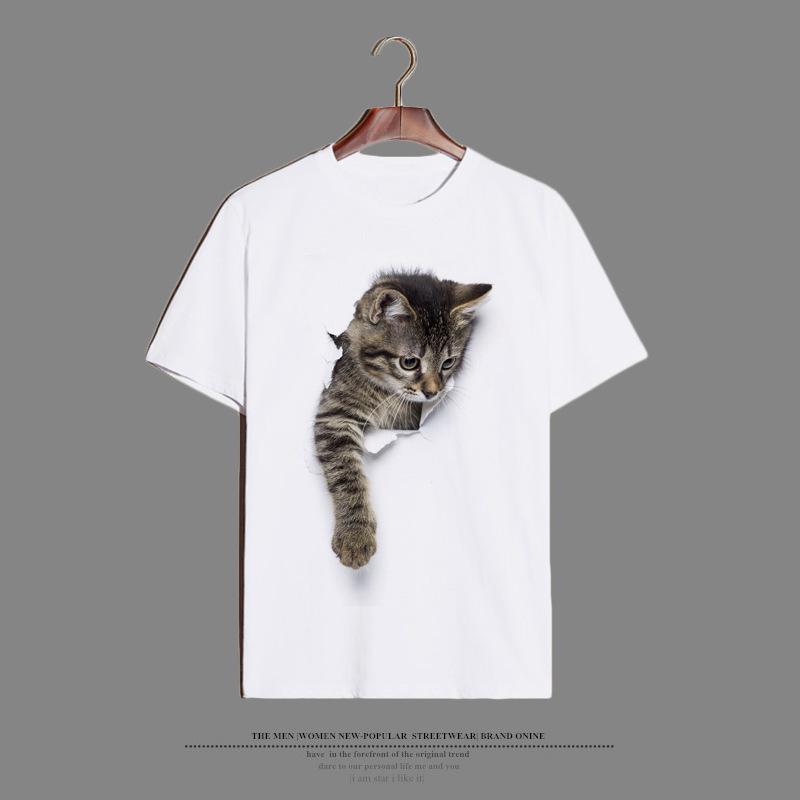 Cat Printed Oversized Loose Casual Cotton Round Neck Short Sleeved Shirt with Worn Clothes T-Shirts Women’s
