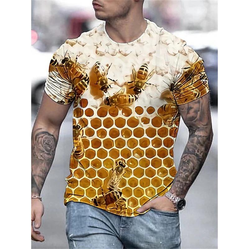 Summer Round Neck Cute Bee Pattern 3D Print Top Fashionable Casual Short Sleeved Men's T-shirts
