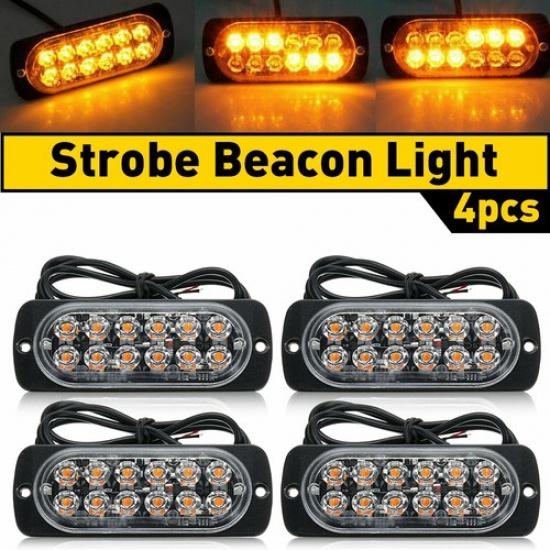 4PCS 12LED Amber Truck Flashing Car Beacon Warning Hazard Flash Strobe Light Bar