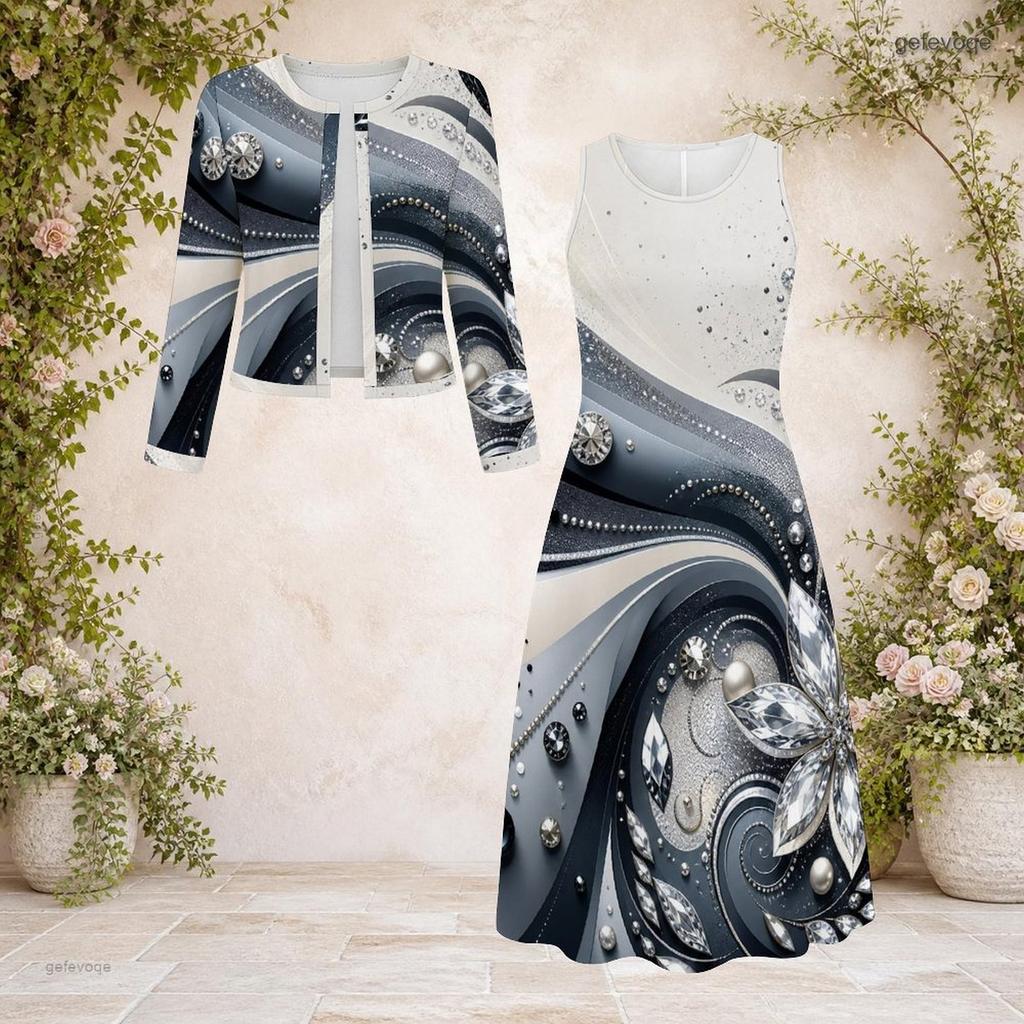Women Plus Size Two Piece Dress Set Round Neck Long Sleeve Printed Dark Green Black With Pockets