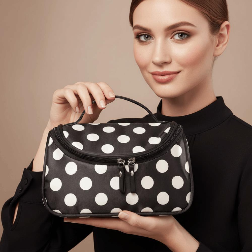 Portable Makeup Bag Polka Dot Pattern Korean Style Cosmetic Storage Bag Flip Design Large Capacity Travel Toiletry Bag