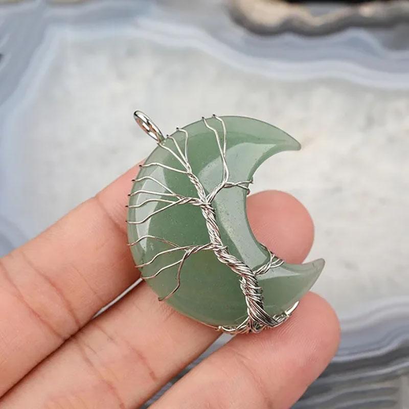 Natural Crystal Pendant Wire Wrap Tree Of Life Big Moon Crescent Mineral Stone Pendulum Amethyst Quartz Necklace For Women Gift