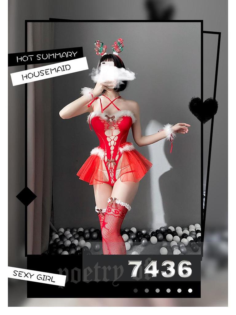Temptation Reindeer Plush Lingerie Set - Sexy Christmas Bodysuit & Fishnet Outfit