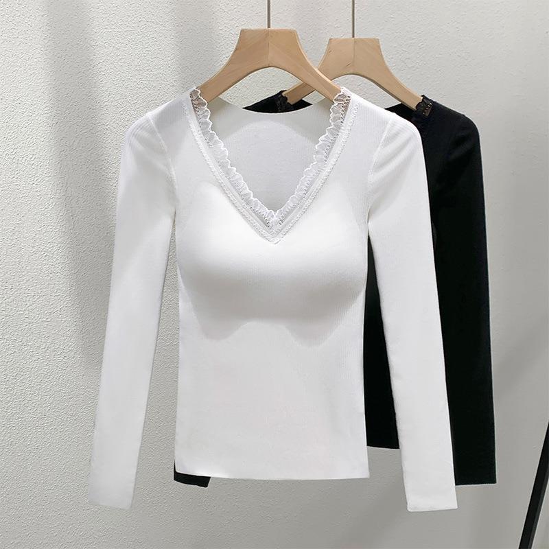 German Velvet Bottoming Shirt Women's New Lace Splicing Long-sleeved Inner Cover Autumn Clothes Velvet Thermal Underwear with Chest Pads