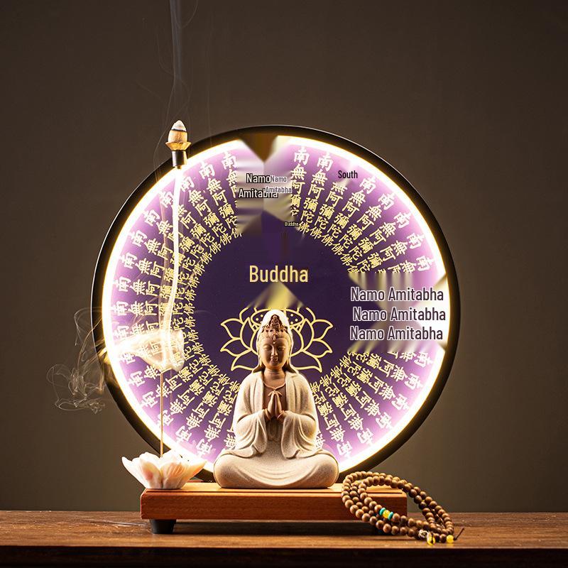 Ceramic Seated Guanyin On Lotus with Light Ring and Anjali Mudra for Home Decor
