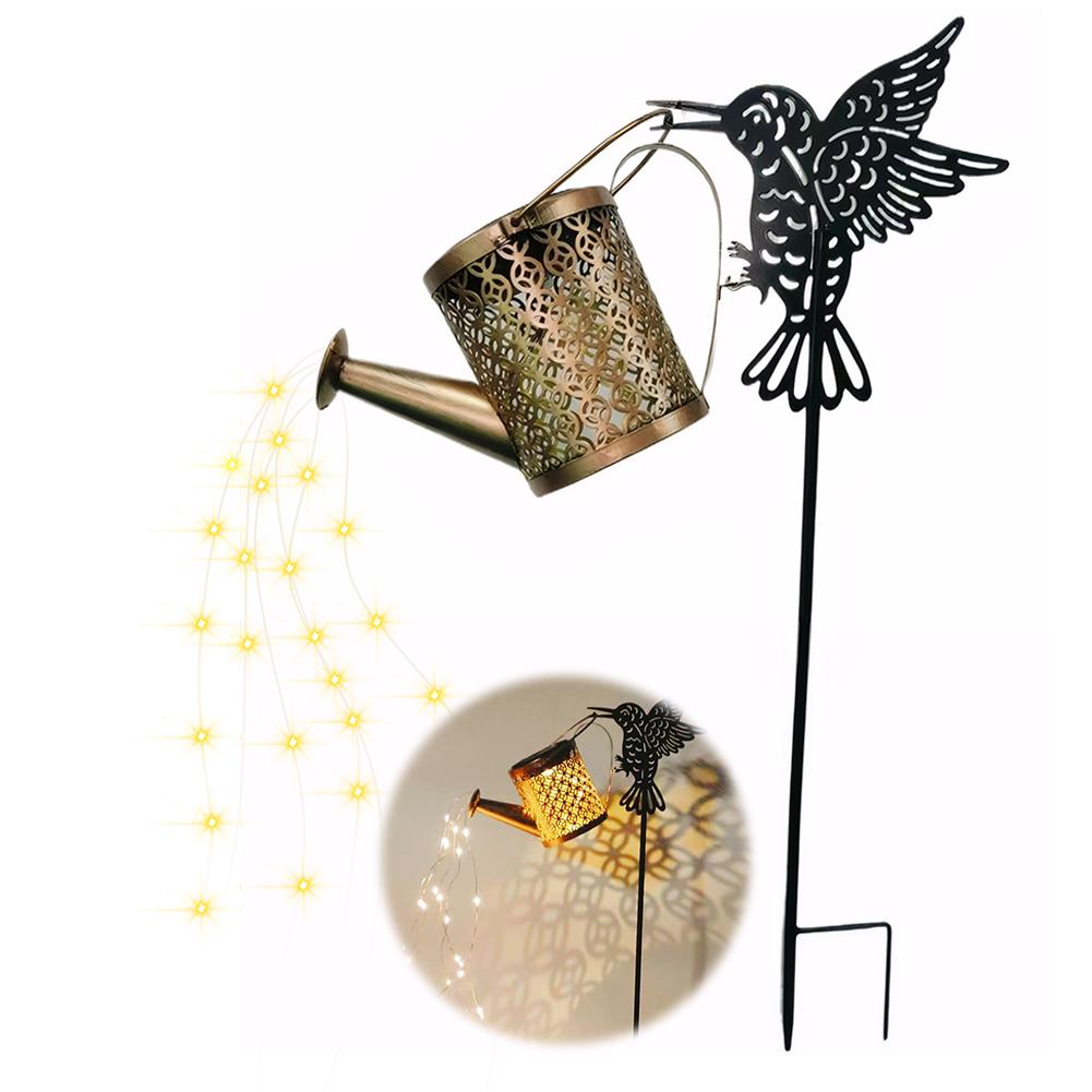 Solar Watering Can Light Metal Hanging Lantern Waterproof Hummingbird Watering Can Light Decorative for Garden Yard Balcony