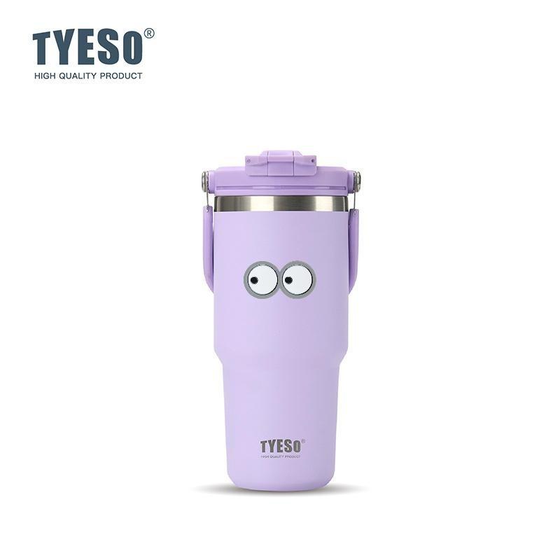 Tyeso 750ml Vacuum Cup Handle Dual-Drink Coffee Mug 304 Stainless Steel Ice Cup Car Bottle Hot Cold Retention Thermoses with Eye Sticker