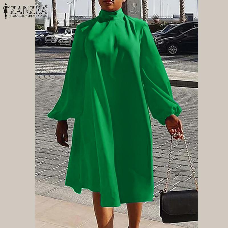 

ZANZEA Женское повседневное свободное платье миди с пышным длинным рукавом и высоким воротником