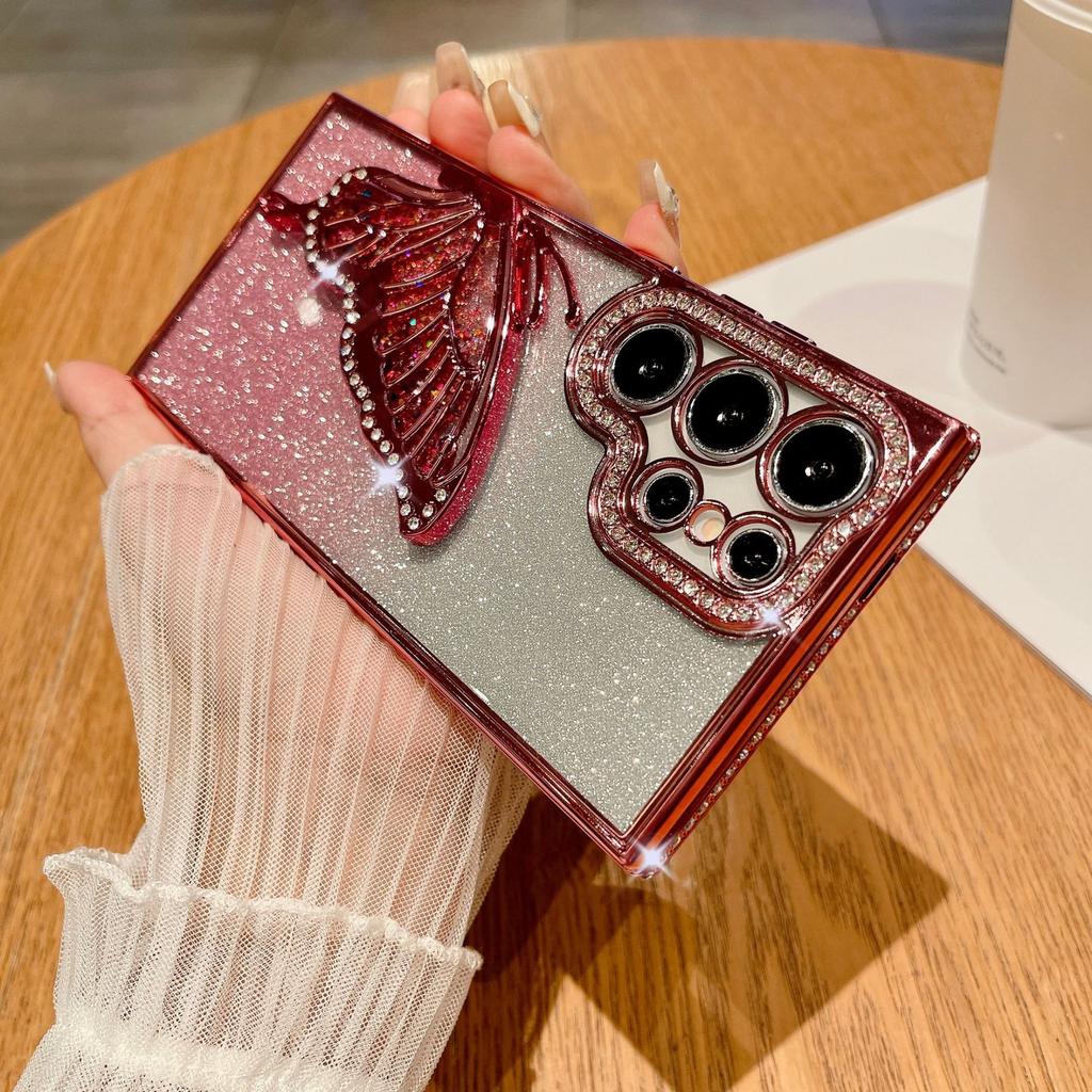 Suitable for Samsung S25ultra Mobile Phone Case Rhinestone Luxury Glitter S24 Butterfly Stand A55 Protective Case for Women A73