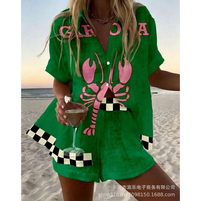 Conjunto de pantalones cortos de playa y camisa de manga corta para mujer, multicolor, vida marina, ocio, vacaciones, conjunto de dos piezas